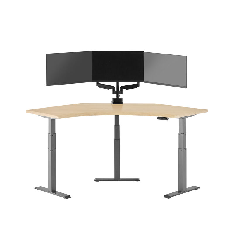 light wood finish standing desk top with slate finish legs in a open office image number null